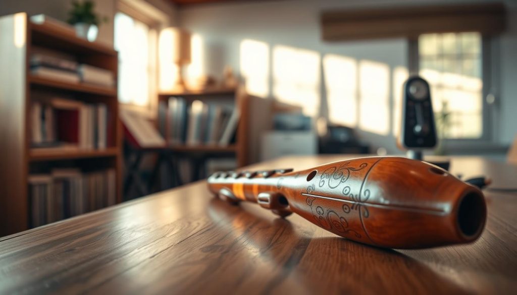 A serene indoor music studio setting, featuring a close-up of an intricately designed ocarina resting on a polished wooden table. The ocarina is made from rich ceramic, adorned with subtle artistic engravings. Soft, warm natural light filters through a nearby window, casting gentle shadows and highlighting the texture of the instrument. In the background, blurred shelves filled with music books and a metronome evoke a sense of practice and learning. The mood is calm and focused, illustrating the essence of mastering essential techniques for fluid playing. The scene captures a moment in time, inviting viewers to immerse themselves in the art of music with this unique wind instrument.