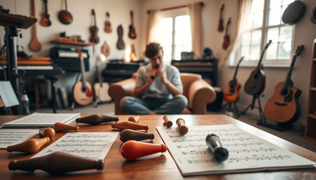 A serene practice space for ocarina players, focusing on coordination exercises. In the foreground, a well-lit wooden table showcases a variety of ocarinas in different sizes and colors, alongside sheet music with clear notes and exercises visible. In the middle ground, a person wearing modest casual clothing sits comfortably, concentrating and playing an ocarina, their fingers poised expertly over the holes. The background features a softly lit room adorned with musical instruments and a large window allowing warm, natural light to filter in, casting gentle shadows. The atmosphere is peaceful and focused, evoking a sense of dedication and progression in musical skill. A serene practice space for ocarina players, focusing on coordination exercises. In the foreground, a well-lit wooden table showcases a variety of ocarinas in different sizes and colors, alongside sheet music with clear notes and exercises visible. In the middle ground, a person wearing modest casual clothing sits comfortably, concentrating and playing an ocarina, their fingers poised expertly over the holes. The background features a softly lit room adorned with musical instruments and a large window allowing warm, natural light to filter in, casting gentle shadows. The atmosphere is peaceful and focused, evoking a sense of dedication and progression in musical skill.