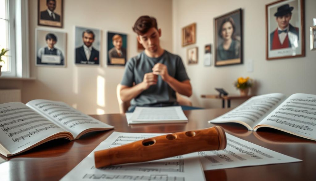 A serene, softly lit room dedicated to music practice. In the foreground, an elegant wooden ocarina rests on a polished table, surrounded by sheet music filled with simple, easy-to-read notes. The middle ground reveals a focused musician in modest casual clothing, holding the ocarina and playing it with concentration, conveying a sense of dedication and progression. To the background, the walls are adorned with posters of famous ocarina players and framed musical achievements. Gentle morning light filters through a window, casting warmth and inviting atmosphere, enhancing the sense of peaceful daily practice. The image evokes an inspiring and motivational mood, ideal for reflecting the essence of daily exercises for improving precision in ocarina music.