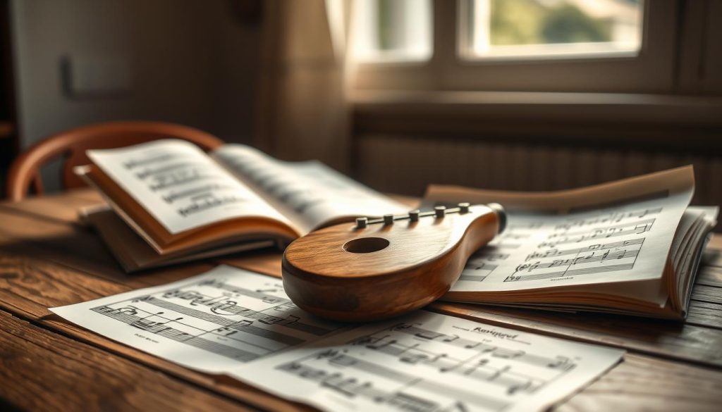 A wooden ocarina rests on a textured wooden table, surrounded by open music sheets featuring beautifully illustrated tablatures. The tablatures display clear, simple notations and colorful notes, emphasizing the entry-level nature of the music. In the background, soft, diffused natural light filters through a nearby window, casting gentle shadows that create a cozy, inviting atmosphere. The image captures a close-up perspective, focusing on the ocarina and sheets, while maintaining a shallow depth of field to softly blur the background, enhancing the subject. The mood is warm and engaging, inspiring creativity and a love for learning music through the ocarina. Aim for high detail and resolution to ensure clarity for readers. A wooden ocarina rests on a textured wooden table, surrounded by open music sheets featuring beautifully illustrated tablatures. The tablatures display clear, simple notations and colorful notes, emphasizing the entry-level nature of the music. In the background, soft, diffused natural light filters through a nearby window, casting gentle shadows that create a cozy, inviting atmosphere. The image captures a close-up perspective, focusing on the ocarina and sheets, while maintaining a shallow depth of field to softly blur the background, enhancing the subject. The mood is warm and engaging, inspiring creativity and a love for learning music through the ocarina. Aim for high detail and resolution to ensure clarity for readers.