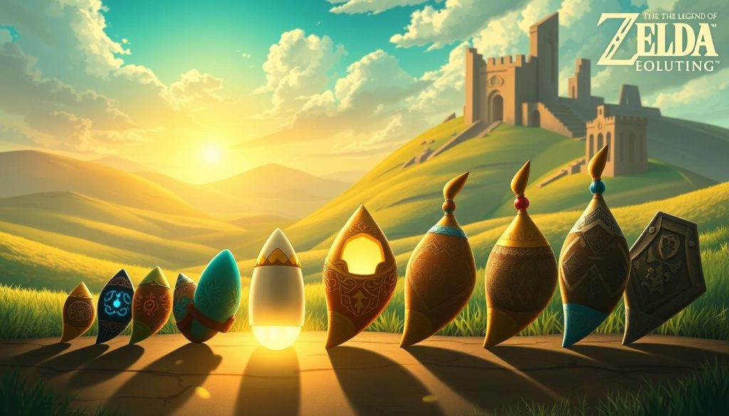 A beautifully detailed illustration of the evolution of the ocarina as featured in "The Legend of Zelda." In the foreground, a series of ocarinas lined up, showcasing different designs from various game installments, each with unique textures, colors, and intricate patterns. The middle ground features a soft, glowing light emanating from the most iconic ocarina, highlighting its significance. In the background, a lush landscape inspired by the game's aesthetic, with rolling hills, and fantasy elements like ancient ruins and ethereal lighting, evokes a sense of adventure and nostalgia. The atmosphere should be warm and inviting, fostering a sense of wonder and nostalgia reminiscent of the game. The image captures the essence of musical evolution within the franchise, focusing on artistry and craftsmanship. A beautifully detailed illustration of the evolution of the ocarina as featured in "The Legend of Zelda." In the foreground, a series of ocarinas lined up, showcasing different designs from various game installments, each with unique textures, colors, and intricate patterns. The middle ground features a soft, glowing light emanating from the most iconic ocarina, highlighting its significance. In the background, a lush landscape inspired by the game's aesthetic, with rolling hills, and fantasy elements like ancient ruins and ethereal lighting, evokes a sense of adventure and nostalgia. The atmosphere should be warm and inviting, fostering a sense of wonder and nostalgia reminiscent of the game. The image captures the essence of musical evolution within the franchise, focusing on artistry and craftsmanship.