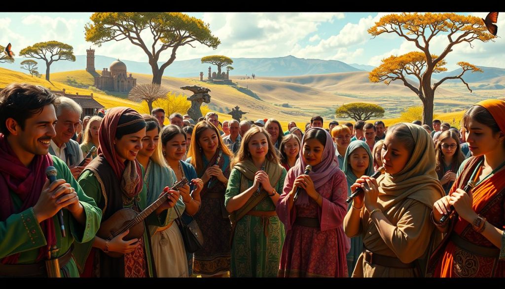 A captivating scene showcasing the cultural phenomenon of the Ocarina from Zelda, set in a vibrant, bustling marketplace filled with musicians and artists. In the foreground, a diverse group of musicians, dressed in colorful, modest clothing, passionately plays the Ocarina, their expressions full of joy and connection. In the middle ground, a crowd of onlookers of varying ages, entranced by the music, sway gently, some trying their hand at playing the instrument. The background features a whimsical landscape inspired by the Zelda universe, with rolling hills, ancient ruins, and fantastical trees bathed in warm, golden light, capturing a whimsical afternoon ambiance. The mood is festive and nostalgic, inviting viewers to immerse themselves in the celebration of this beloved game-inspired instrument. Bright, natural lighting enhances the joyful atmosphere. A captivating scene showcasing the cultural phenomenon of the Ocarina from Zelda, set in a vibrant, bustling marketplace filled with musicians and artists. In the foreground, a diverse group of musicians, dressed in colorful, modest clothing, passionately plays the Ocarina, their expressions full of joy and connection. In the middle ground, a crowd of onlookers of varying ages, entranced by the music, sway gently, some trying their hand at playing the instrument. The background features a whimsical landscape inspired by the Zelda universe, with rolling hills, ancient ruins, and fantastical trees bathed in warm, golden light, capturing a whimsical afternoon ambiance. The mood is festive and nostalgic, inviting viewers to immerse themselves in the celebration of this beloved game-inspired instrument. Bright, natural lighting enhances the joyful atmosphere.