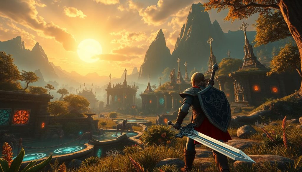 A dynamic fantasy scene depicting the gameplay of a captivating action-adventure genre. In the foreground, a heroic character, equipped with a detailed sword and shield, navigates through a vibrant, enchanted forest filled with ancient ruins and magical creatures. The middle ground showcases interactive elements like glowing puzzles and hidden treasures, emphasizing engagement and exploration. In the background, towering mountains and a mystical sky add depth, illuminated by a warm, golden sunset, creating an adventurous atmosphere. The angle captures a slight upward tilt, enhancing the sense of ambition and discovery. Soft, diffused lighting casts gentle shadows, enhancing the magical mood of this fantastical world. The overall scene embodies excitement and the transformative nature of gameplay in action-adventure narratives. A dynamic fantasy scene depicting the gameplay of a captivating action-adventure genre. In the foreground, a heroic character, equipped with a detailed sword and shield, navigates through a vibrant, enchanted forest filled with ancient ruins and magical creatures. The middle ground showcases interactive elements like glowing puzzles and hidden treasures, emphasizing engagement and exploration. In the background, towering mountains and a mystical sky add depth, illuminated by a warm, golden sunset, creating an adventurous atmosphere. The angle captures a slight upward tilt, enhancing the sense of ambition and discovery. Soft, diffused lighting casts gentle shadows, enhancing the magical mood of this fantastical world. The overall scene embodies excitement and the transformative nature of gameplay in action-adventure narratives.