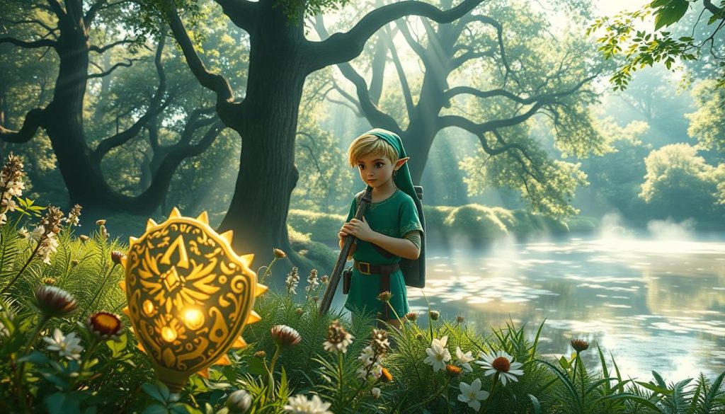 A magical setting showcasing an ethereal forest glade bathed in soft, dappled sunlight filtering through the ancient trees. In the foreground, a majestic ocarina glimmers with intricate designs, surrounded by delicate wildflowers and fern fronds. The middle ground features Link, dressed in his iconic green tunic and cap, playing the ocarina with a serene expression, capturing the harmony between nature and music. The background reveals a tranquil pond reflecting the vibrant foliage, with wisps of mist hovering above the water. The scene conveys a sense of nostalgia and wonder, with a gentle breeze rustling leaves and a warm, inviting atmosphere. Use a wide-angle lens to capture the expansive beauty of this enchanted world, focusing on rich colors and soft lighting to enhance the enchanting mood. A magical setting showcasing an ethereal forest glade bathed in soft, dappled sunlight filtering through the ancient trees. In the foreground, a majestic ocarina glimmers with intricate designs, surrounded by delicate wildflowers and fern fronds. The middle ground features Link, dressed in his iconic green tunic and cap, playing the ocarina with a serene expression, capturing the harmony between nature and music. The background reveals a tranquil pond reflecting the vibrant foliage, with wisps of mist hovering above the water. The scene conveys a sense of nostalgia and wonder, with a gentle breeze rustling leaves and a warm, inviting atmosphere. Use a wide-angle lens to capture the expansive beauty of this enchanted world, focusing on rich colors and soft lighting to enhance the enchanting mood.