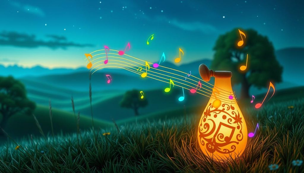 A mystical landscape featuring an elegant ocarina at the center, surrounded by vibrant musical notes and ethereal wisps of sound. In the foreground, the ocarina glows softly with a warm light, displaying intricate designs inspired by nature. In the middle ground, colorful musical notes dance and spiral around, representing the iconic melodies of the Legend of Zelda, creating a sense of movement and harmony. The background is a whimsical scene of rolling hills and fantastical trees, bathed in a gentle twilight glow, with stars beginning to twinkle in the deepening blue sky. The atmosphere is enchanting and serene, inviting viewers to appreciate the deep, symbolic connection of music to emotions and memories. The image is highly detailed with a soft focus, evoking nostalgia and wonder.