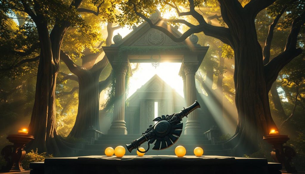 A mystical scene depicting an ancient temple in a lush, enchanted forest of Hyrule. In the foreground, a beautifully ornate ocarina, intricately carved with symbols, rests on a stone altar, surrounded by glowing orbs of light. The middle ground features the temple's grand entrance, adorned with ancient runes and ivy, bathed in ethereal golden light filtering through the dense canopy above. The background showcases towering trees with thick, gnarled trunks, their leaves shimmering in various shades of green and gold, creating a serene and magical atmosphere. Soft beams of sunlight illuminate the scene, emphasizing a sense of wonder and mystique. The entire composition feels enchanting, inviting viewers into the magical origins of the ocarina within this spiritual realm.