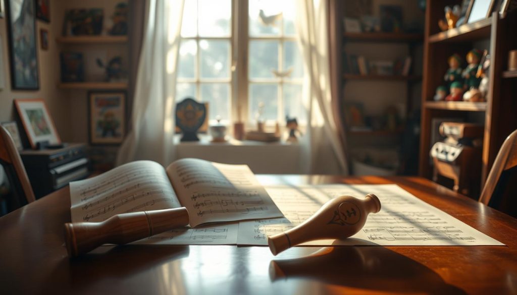 A serene and captivating scene focusing on the legacy of Koji Kondo, the composer renowned for his work on the Zelda series. In the foreground, a beautifully crafted wooden ocarina rests gracefully on a polished table, surrounded by sheet music filled with iconic Zelda melodies. In the middle ground, soft light filters through an open window, casting gentle shadows that dance across the room, hinting at a cozy, intimate atmosphere. In the background, shelves lined with various musical memorabilia including game art, vintage instruments, and figurines create a rich tapestry of Kondo’s musical journey. The lighting is warm and inviting, evoking nostalgia and creativity, as if the essence of music itself fills the air. Capture a slight tilt of the table, enhancing the depth and perspective, inviting the viewer into this world of musical inspiration.