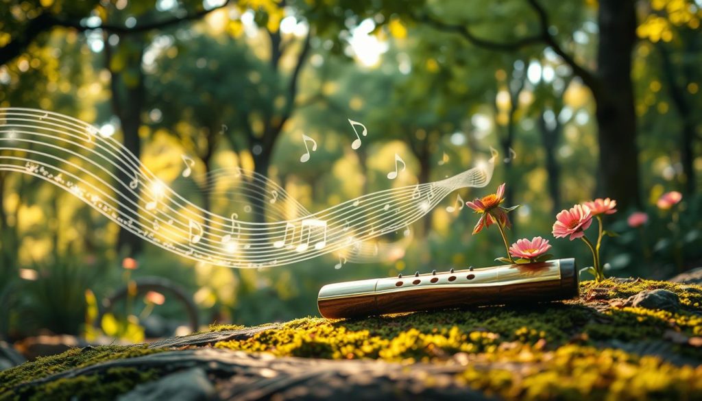 A serene and enchanting scene inspired by the concept of adaptive music, showcasing an immersive environment where sound and nature intertwine. In the foreground, a beautifully crafted ocarina rests on a mossy stone, glimmering under soft, dappled sunlight. In the middle ground, ethereal notes visually represented as shimmering waves ripple through the air, swirling around vibrant flowers that react to the melodies. The background features a tranquil forest with lush, green trees basking in golden hour lighting, creating a magical atmosphere filled with harmony. The angle is slightly elevated, capturing the depth of the scene while soft focus enhances the sense of wonder. The mood is peaceful and reflective, allowing the viewer to feel the beauty of music and nature merging seamlessly. A serene and enchanting scene inspired by the concept of adaptive music, showcasing an immersive environment where sound and nature intertwine. In the foreground, a beautifully crafted ocarina rests on a mossy stone, glimmering under soft, dappled sunlight. In the middle ground, ethereal notes visually represented as shimmering waves ripple through the air, swirling around vibrant flowers that react to the melodies. The background features a tranquil forest with lush, green trees basking in golden hour lighting, creating a magical atmosphere filled with harmony. The angle is slightly elevated, capturing the depth of the scene while soft focus enhances the sense of wonder. The mood is peaceful and reflective, allowing the viewer to feel the beauty of music and nature merging seamlessly.