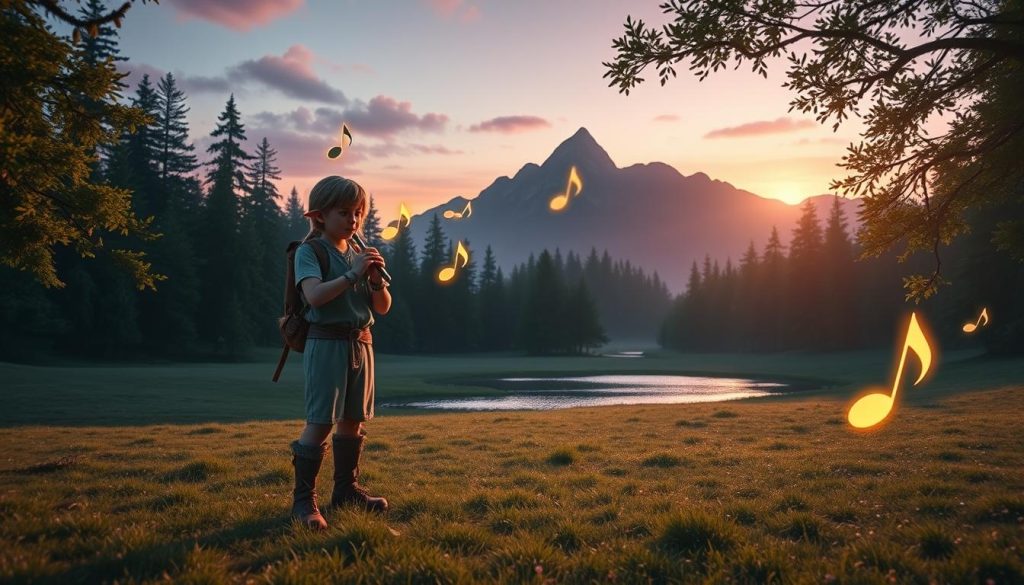 A serene landscape capturing the essence of emotional melodies associated with Link and his ocarina. In the foreground, an open, ancient forest glade features a young adventurer, dressed in modest, casual clothing, gently playing an ornate ocarina. Soft, ethereal wisps of glowing musical notes float around them, illustrating the emotional impact of the melodies. In the middle ground, a tranquil, shimmering pond reflects the surrounding trees, adding depth. The background reveals a mystical mountain range, with twilight hues of purple and orange casting an enchanting glow across the scene. The lighting is soft and warm, suggesting a magical atmosphere as the sun sets, evoking feelings of nostalgia and wonder. Capture this moment with a wide-angle lens to emphasize the harmony between the player, the instrument, and the enchanting surroundings. A serene landscape capturing the essence of emotional melodies associated with Link and his ocarina. In the foreground, an open, ancient forest glade features a young adventurer, dressed in modest, casual clothing, gently playing an ornate ocarina. Soft, ethereal wisps of glowing musical notes float around them, illustrating the emotional impact of the melodies. In the middle ground, a tranquil, shimmering pond reflects the surrounding trees, adding depth. The background reveals a mystical mountain range, with twilight hues of purple and orange casting an enchanting glow across the scene. The lighting is soft and warm, suggesting a magical atmosphere as the sun sets, evoking feelings of nostalgia and wonder. Capture this moment with a wide-angle lens to emphasize the harmony between the player, the instrument, and the enchanting surroundings.