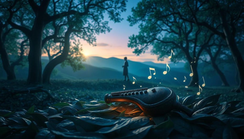 A serene landscape featuring an ancient, mystical forest with softly glowing trees in shades of blue and green. In the foreground, a beautifully crafted ocarina rests on a bed of leaves, reflecting the dappled sunlight filtering through the branches above. Effervescent musical notes float around the ocarina, creating a whimsical atmosphere that symbolizes the essence of melodies and musical interactions. In the middle ground, a silhouette of a figure, dressed in modest attire, is poised as if playing the ocarina, surrounded by ethereal wisps of sound. The background reveals a gentle, rolling hill under a twilight sky, with stars beginning to twinkle. The lighting is soft and magical, evoking a sense of wonder and harmony. A serene landscape featuring an ancient, mystical forest with softly glowing trees in shades of blue and green. In the foreground, a beautifully crafted ocarina rests on a bed of leaves, reflecting the dappled sunlight filtering through the branches above. Effervescent musical notes float around the ocarina, creating a whimsical atmosphere that symbolizes the essence of melodies and musical interactions. In the middle ground, a silhouette of a figure, dressed in modest attire, is poised as if playing the ocarina, surrounded by ethereal wisps of sound. The background reveals a gentle, rolling hill under a twilight sky, with stars beginning to twinkle. The lighting is soft and magical, evoking a sense of wonder and harmony.