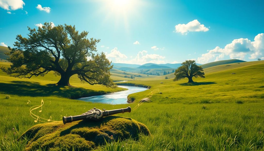 A serene landscape inspired by "The Legend of Zelda," featuring an open, lush green field under a brilliant blue sky. In the foreground, an ocarina lies gently on a moss-covered stone, glistening in dappled sunlight. Surrounding the ocarina are delicate, magical musical notes swirling around, visualizing Koji Kondo's captivating music. In the middle ground, a softly flowing stream reflects the sky, with ancient trees flanking its banks, their leaves whispering in the breeze. The background shows softly rolling hills, creating a sense of depth. The atmosphere is tranquil and enchanting, evoking nostalgia and wonder, as if capturing a moment just before a grand adventure begins. The lighting is warm, illuminating the scene with a sense of magical realism. A serene landscape inspired by "The Legend of Zelda," featuring an open, lush green field under a brilliant blue sky. In the foreground, an ocarina lies gently on a moss-covered stone, glistening in dappled sunlight. Surrounding the ocarina are delicate, magical musical notes swirling around, visualizing Koji Kondo's captivating music. In the middle ground, a softly flowing stream reflects the sky, with ancient trees flanking its banks, their leaves whispering in the breeze. The background shows softly rolling hills, creating a sense of depth. The atmosphere is tranquil and enchanting, evoking nostalgia and wonder, as if capturing a moment just before a grand adventure begins. The lighting is warm, illuminating the scene with a sense of magical realism.