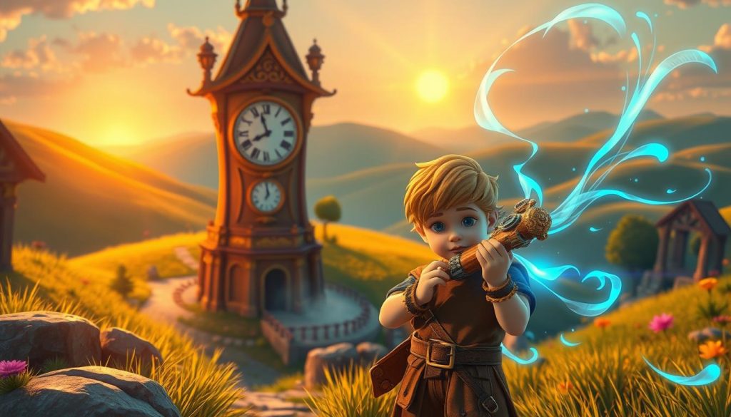 A vibrant scene depicting a whimsical fantasy environment where time manipulation is at play. In the foreground, a young, adventurous hero character, dressed in modest medieval attire, is holding an ornate ocarina, as wisps of glowing blue light emanate from it. In the middle, a mystical clock tower looms, its gears visibly turning in unusual directions, symbolizing the bending of time. The background features a lush landscape with rolling hills and a radiant sunset casting warm, golden light across the scene, enhancing the magical atmosphere. The overall mood is enchanting and playful, capturing the essence of innovation in gameplay with a focus on interaction and exploration in a fantastical world. A vibrant scene depicting a whimsical fantasy environment where time manipulation is at play. In the foreground, a young, adventurous hero character, dressed in modest medieval attire, is holding an ornate ocarina, as wisps of glowing blue light emanate from it. In the middle, a mystical clock tower looms, its gears visibly turning in unusual directions, symbolizing the bending of time. The background features a lush landscape with rolling hills and a radiant sunset casting warm, golden light across the scene, enhancing the magical atmosphere. The overall mood is enchanting and playful, capturing the essence of innovation in gameplay with a focus on interaction and exploration in a fantastical world.