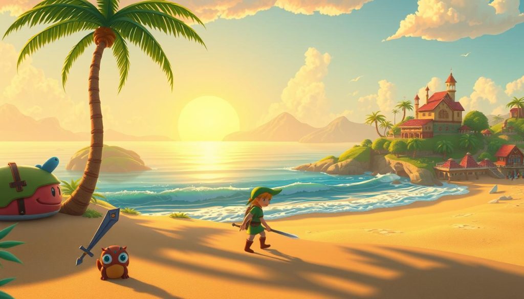 A vibrant scene inspired by Link's Awakening, showcasing a whimsical, lush island landscape filled with iconic elements like the Wind Fish, a gently swaying palm tree, and colorful, tiled rooftops. In the foreground, a young hero resembling Link, dressed in a green tunic and cap, is exploring a sandy beach with a wooden sword in hand. The middle ground features a serene ocean reflecting a warm, golden sunset, with soft waves lapping at the shore. In the background, rolling hills and dreamy clouds create a surreal atmosphere. The lighting is warm and inviting, capturing the nostalgic charm of classic adventure games. The overall mood is one of wonder and exploration, embodying the enduring influence of Link's Awakening on game design. A vibrant scene inspired by Link's Awakening, showcasing a whimsical, lush island landscape filled with iconic elements like the Wind Fish, a gently swaying palm tree, and colorful, tiled rooftops. In the foreground, a young hero resembling Link, dressed in a green tunic and cap, is exploring a sandy beach with a wooden sword in hand. The middle ground features a serene ocean reflecting a warm, golden sunset, with soft waves lapping at the shore. In the background, rolling hills and dreamy clouds create a surreal atmosphere. The lighting is warm and inviting, capturing the nostalgic charm of classic adventure games. The overall mood is one of wonder and exploration, embodying the enduring influence of Link's Awakening on game design.