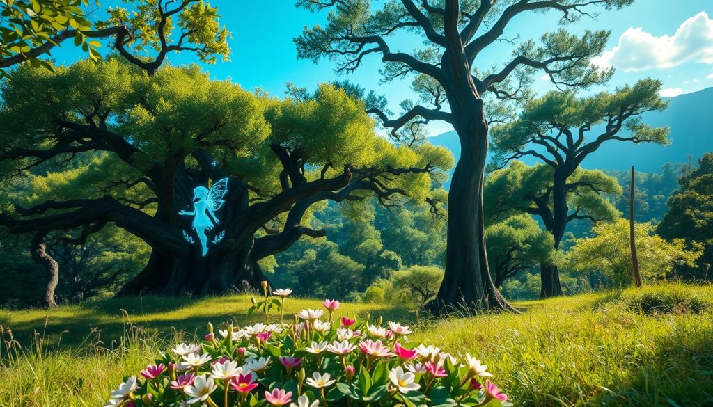 A vibrant scene of Navi, the fairy guide from the Kokiri Forest, depicted in a magical woodland setting. In the foreground, Navi glows softly with a bluish light, her delicate wings shimmering as she flits above a blossoming patch of flowers. The middle ground features lush, vibrant greenery with ancient trees and soft sunlight filtering through the leaves, casting dappled shadows on the forest floor. In the background, a sense of depth is created with layered trees and hints of distant mountains under a clear blue sky. The atmosphere is enchanting and whimsical, evoking a sense of wonder and nostalgia, akin to the spirit of adventure in "Ocarina of Time." Use a soft focus lens effect to enhance the dreamlike quality, capturing the serene beauty of this iconic world.