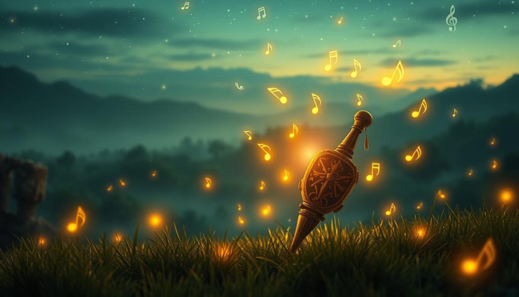 An enchanted, mystical landscape inspired by "The Legend of Zelda," featuring a beautiful ocarina prominently in the foreground. Surround the ocarina with soft musical notes that seem to float in the air, illuminated by warm, ethereal light. In the middle ground, depict a lush forest with hints of ancient ruins, symbolizing the connection between nature and music. The background should showcase a serene twilight sky filled with stars, creating a magical atmosphere. The scene should feel both nostalgic and lively, evoking the themes of exploration and adventure, while maintaining a sense of wonder and tranquility. Use a slightly angled perspective to accentuate depth, capturing the intricacies of this enchanting world. An enchanted, mystical landscape inspired by "The Legend of Zelda," featuring a beautiful ocarina prominently in the foreground. Surround the ocarina with soft musical notes that seem to float in the air, illuminated by warm, ethereal light. In the middle ground, depict a lush forest with hints of ancient ruins, symbolizing the connection between nature and music. The background should showcase a serene twilight sky filled with stars, creating a magical atmosphere. The scene should feel both nostalgic and lively, evoking the themes of exploration and adventure, while maintaining a sense of wonder and tranquility. Use a slightly angled perspective to accentuate depth, capturing the intricacies of this enchanting world.
