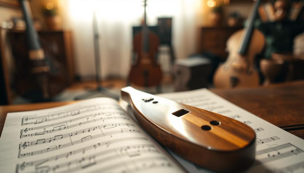 A beautifully arranged sheet music for ocarina, featuring iconic themes from the Zelda saga. In the foreground, the sheet music is open, with intricate notations and musical symbols clearly visible. The middle-ground shows a polished wooden ocarina resting elegantly beside the sheet music, reflecting soft light. The background is softly blurred, hinting at a cozy room filled with musical instruments and warm, ambient lighting to create an inviting atmosphere. The scene is captured from a slightly angled perspective to enhance depth, with gentle shadows adding a sense of tranquility and nostalgia. The overall mood is one of creativity and inspiration, inviting musicians to explore the beloved melodies.