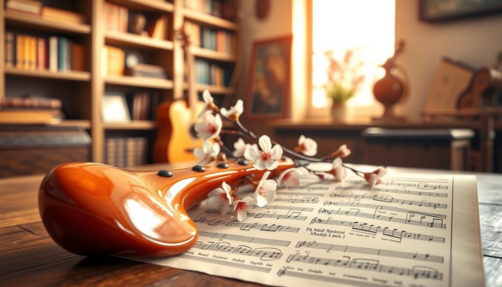 A beautifully crafted classical ocarina, made of glossy ceramic, sits prominently in the foreground, reflecting soft light. An ornate sheet music score lies beside it, featuring musical notes inspired by classic composers like Mozart and Beethoven, hinting at their influence on modern melodies. In the middle ground, a delicate arrangement of blooming cherry blossoms adds a touch of elegance, symbolizing creativity and inspiration. The background reveals a softly blurred, sunlit room filled with shelves lined with vintage musical instruments and books, creating a warm and inviting atmosphere. The overall mood is one of artistic exploration and nostalgia, with natural lighting highlighting the intricate details of the ocarina and sheet music, inviting viewers into the world of classical music's influence on contemporary tunes. A beautifully crafted classical ocarina, made of glossy ceramic, sits prominently in the foreground, reflecting soft light. An ornate sheet music score lies beside it, featuring musical notes inspired by classic composers like Mozart and Beethoven, hinting at their influence on modern melodies. In the middle ground, a delicate arrangement of blooming cherry blossoms adds a touch of elegance, symbolizing creativity and inspiration. The background reveals a softly blurred, sunlit room filled with shelves lined with vintage musical instruments and books, creating a warm and inviting atmosphere. The overall mood is one of artistic exploration and nostalgia, with natural lighting highlighting the intricate details of the ocarina and sheet music, inviting viewers into the world of classical music's influence on contemporary tunes.
