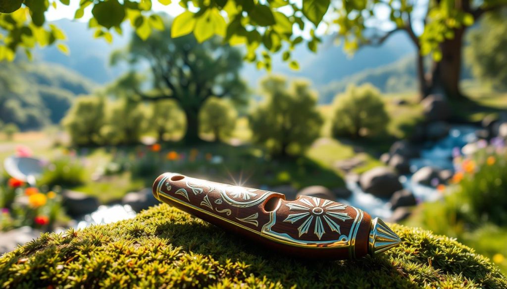 A beautifully crafted ocarina resting on a moss-covered stone in the vibrant land of Hyrule. In the foreground, the ocarina glimmers with intricate designs and a glossy finish, reflecting soft, dappled sunlight filtering through leaves overhead. The middle ground features an enchanting forest scene with lush, green trees and colorful wildflowers, creating a magical atmosphere. In the background, the silhouette of distant hills adds depth to the landscape, while a gentle stream flows nearby, enhancing the serene environment. The lighting should evoke a warm, inviting mood, reminiscent of a sunny day in a fantasy world. Aim for a close-up perspective on the ocarina, with a slight depth of field effect to blur the enchanting scenery beyond, emphasizing the focus on the instrument and its magical essence. A beautifully crafted ocarina resting on a moss-covered stone in the vibrant land of Hyrule. In the foreground, the ocarina glimmers with intricate designs and a glossy finish, reflecting soft, dappled sunlight filtering through leaves overhead. The middle ground features an enchanting forest scene with lush, green trees and colorful wildflowers, creating a magical atmosphere. In the background, the silhouette of distant hills adds depth to the landscape, while a gentle stream flows nearby, enhancing the serene environment. The lighting should evoke a warm, inviting mood, reminiscent of a sunny day in a fantasy world. Aim for a close-up perspective on the ocarina, with a slight depth of field effect to blur the enchanting scenery beyond, emphasizing the focus on the instrument and its magical essence.