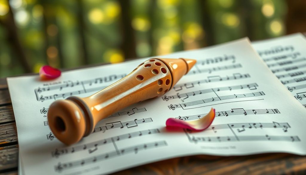 A close-up view of a beautifully crafted ocarina resting on a sheet of iconic Zelda sheet music, displaying intricate musical notations. The ocarina, made of smooth, polished clay, showcases an elegant design with a glossy finish, reflecting soft, warm light. Surrounding the ocarina are a few scattered music notes and a delicate rose petal, adding an artistic touch. The background features a softly blurred image of an ethereal forest setting, evoking a magical atmosphere reminiscent of Hyrule. The scene is illuminated by gentle, diffused sunlight filtering through the trees, creating a serene and inspiring mood, ideal for aspiring musicians. The composition should be shot from a slightly elevated angle, enriching the visual depth and inviting the viewer into the enchanting world of music.