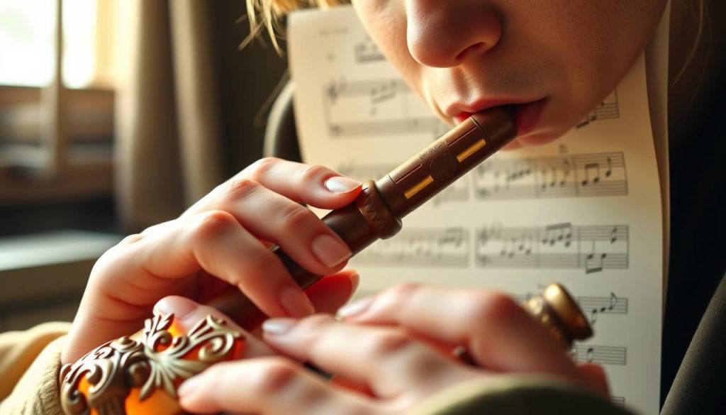 A close-up view of a skilled musician playing an ocarina using the breath technique. The musician's focused expression reflects concentration, with their lips lightly pursed to create the perfect sound. In the foreground, the beautifully carved ocarina, detailed with intricate designs, glows softly under natural light. The middle background features sheet music with clear, elegant notes specifically for "Zelda" melodies, indicating the practice of the technique. Soft, warm lighting enhances the overall mood, creating a cozy, inviting atmosphere ideal for music practice. The scene captures the essence of mastering the breath technique, with a shallow depth of field to emphasize the musician’s hands and instrument, while the background blurs gently, drawing attention to the central action. A close-up view of a skilled musician playing an ocarina using the breath technique. The musician's focused expression reflects concentration, with their lips lightly pursed to create the perfect sound. In the foreground, the beautifully carved ocarina, detailed with intricate designs, glows softly under natural light. The middle background features sheet music with clear, elegant notes specifically for "Zelda" melodies, indicating the practice of the technique. Soft, warm lighting enhances the overall mood, creating a cozy, inviting atmosphere ideal for music practice. The scene captures the essence of mastering the breath technique, with a shallow depth of field to emphasize the musician’s hands and instrument, while the background blurs gently, drawing attention to the central action.