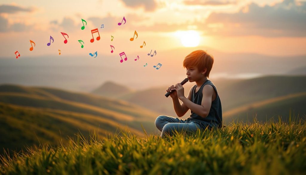 A serene and enchanting scene depicting a young musician seated on a lush green hill, surrounded by nature, as they skillfully play their ocarina. In the foreground, the musician is concentrated and deeply engaged, exuding passion. The middle ground showcases colorful musical notes floating in the air, symbolizing the progression from simple to complex melodies. In the background, a stunning sun-kissed landscape with rolling hills, a gentle sunset setting the sky ablaze with warm hues, conveys a sense of adventure and artistic growth. Soft, diffused lighting enhances the magical atmosphere. The composition should evoke a feeling of tranquility and inspiration, inviting the viewer to explore the journey of musical progression. A serene and enchanting scene depicting a young musician seated on a lush green hill, surrounded by nature, as they skillfully play their ocarina. In the foreground, the musician is concentrated and deeply engaged, exuding passion. The middle ground showcases colorful musical notes floating in the air, symbolizing the progression from simple to complex melodies. In the background, a stunning sun-kissed landscape with rolling hills, a gentle sunset setting the sky ablaze with warm hues, conveys a sense of adventure and artistic growth. Soft, diffused lighting enhances the magical atmosphere. The composition should evoke a feeling of tranquility and inspiration, inviting the viewer to explore the journey of musical progression.