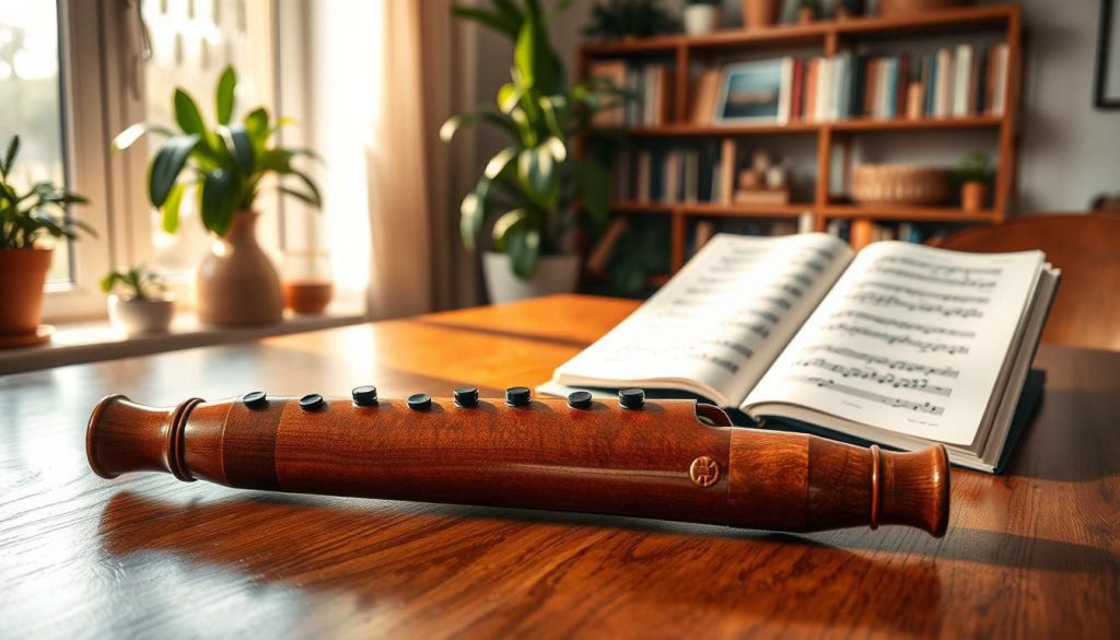 A serene indoor scene focused on an ocarina laid on a polished wooden table. In the foreground, the ocarina is beautifully detailed, showcasing its glossy surface and intricate patterns. In the middle ground, a music stand holds an open sheet of music with notes clearly visible, hinting at a structured practice routine. Soft, warm lighting pours in from a nearby window, casting gentle shadows and highlighting the textures of the table. The background features a cozy atmosphere with potted plants and shelves filled with music books, creating an inviting space for practice. The mood is calm and focused, conveying the dedication and routine of a musician. A serene indoor scene focused on an ocarina laid on a polished wooden table. In the foreground, the ocarina is beautifully detailed, showcasing its glossy surface and intricate patterns. In the middle ground, a music stand holds an open sheet of music with notes clearly visible, hinting at a structured practice routine. Soft, warm lighting pours in from a nearby window, casting gentle shadows and highlighting the textures of the table. The background features a cozy atmosphere with potted plants and shelves filled with music books, creating an inviting space for practice. The mood is calm and focused, conveying the dedication and routine of a musician.