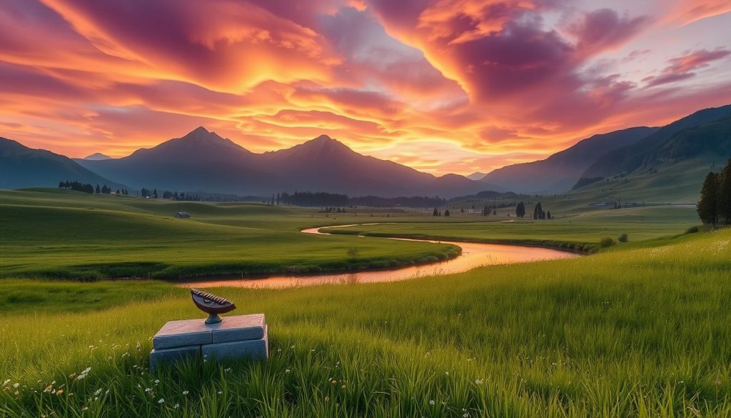 A serene twilight landscape featuring a lush, green meadow bathed in soft, golden light. In the foreground, a small stone pedestal adorned with a magical ocarina rests gently on the grass, surrounded by delicate wildflowers. The middle ground shows a tranquil river winding softly through the scene, reflecting the warm hues of the sky. In the background, majestic mountains rise under a sky filled with swirling clouds tinged with shades of purple and orange, hinting at an impending storm. The atmosphere is calm yet mystical, evoking a sense of relaxation and connection to the enchanting world of Zelda. Use a wide-angle lens to capture the expansive beauty, with soft focus on the edges to create a dreamlike quality. A serene twilight landscape featuring a lush, green meadow bathed in soft, golden light. In the foreground, a small stone pedestal adorned with a magical ocarina rests gently on the grass, surrounded by delicate wildflowers. The middle ground shows a tranquil river winding softly through the scene, reflecting the warm hues of the sky. In the background, majestic mountains rise under a sky filled with swirling clouds tinged with shades of purple and orange, hinting at an impending storm. The atmosphere is calm yet mystical, evoking a sense of relaxation and connection to the enchanting world of Zelda. Use a wide-angle lens to capture the expansive beauty, with soft focus on the edges to create a dreamlike quality.